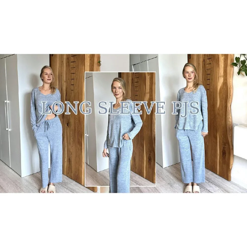 Soft Long Sleeve Pajama Set V-Neck Lounge Wear S-XXL